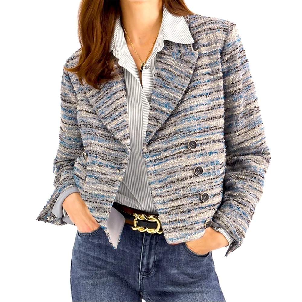 CAbi Blue and Gray Striped Tweed Blazer